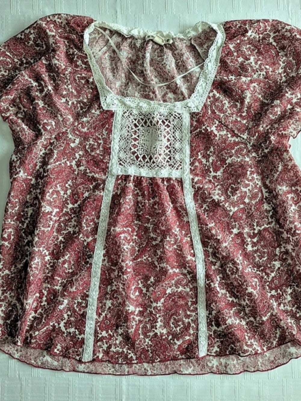 Ruff Hewn Paisley Lace Detail Blouse in Burgundy & White XL Sheer
